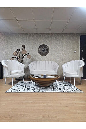 İstiridye Takım Beyaz Boyalı Sivriltme Ayak Çay Seti Koltuk Takımı Krem Renk 110 x 48 Boyut/Ebat