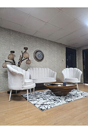 İstiridye Takım Beyaz Boyalı Sivriltme Ayak Çay Seti Koltuk Takımı Krem Renk 110 x 48 Boyut/Ebat