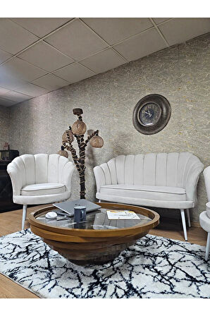 İstiridye Takım Beyaz Boyalı Sivriltme Ayak Çay Seti Koltuk Takımı Krem Renk 110 x 48 Boyut/Ebat