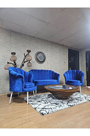 İstiridye Takım Beyaz Boyalı Sivriltme Ayak Çay Seti Koltuk Takımı Mavi Renk 110 x 48 Boyut/Ebat