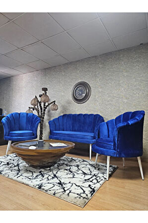 İstiridye Takım Beyaz Boyalı Sivriltme Ayak Çay Seti Koltuk Takımı Mavi Renk 110 x 48 Boyut/Ebat