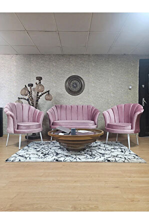 İstiridye Takım Beyaz Boyalı Sivriltme Ayak Çay Seti Koltuk Takımı Pembe Renk 110 x 48 Boyut/Ebat