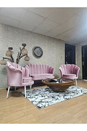 İstiridye Takım Beyaz Boyalı Sivriltme Ayak Çay Seti Koltuk Takımı Pembe Renk 110 x 48 Boyut/Ebat