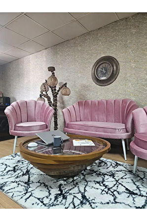 İstiridye Takım Beyaz Boyalı Sivriltme Ayak Çay Seti Koltuk Takımı Pembe Renk 110 x 48 Boyut/Ebat