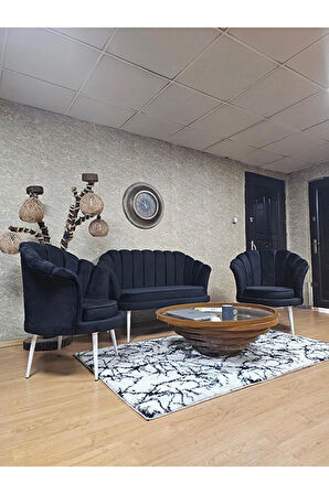 İstiridye Takım Beyaz Boyalı Sivriltme Ayak Çay Seti Koltuk Takımı Siyah Renk 110 x 48 Boyut/Ebat