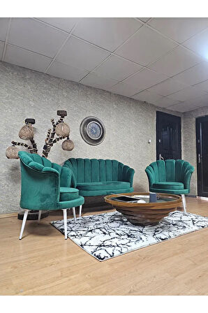 İstiridye Takım Beyaz Boyalı Sivriltme Ayak Çay Seti Koltuk Takımı Yeşil Renk 110 x 48 Boyut/Ebat