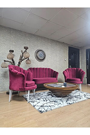 İstiridye Takım Beyaz Boyalı Telli Ayak Çay Seti Koltuk Takımı Bordo Renk 110 x 48 Boyut/Ebat