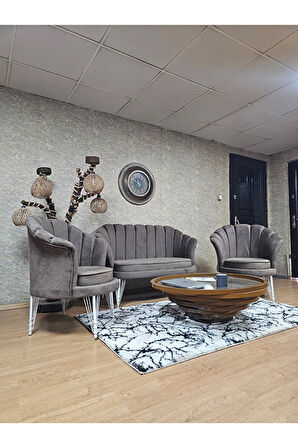 İstiridye Takım Beyaz Boyalı Telli Ayak Çay Seti Koltuk Takımı Kahverengi Renk 110 x 48 Boyut/Ebat