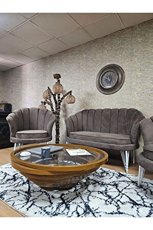 İstiridye Takım Beyaz Boyalı Telli Ayak Çay Seti Koltuk Takımı Kahverengi Renk 110 x 48 Boyut/Ebat