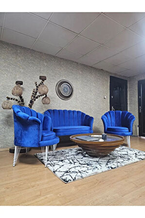 İstiridye Takım Beyaz Boyalı Telli Ayak Çay Seti Koltuk Takımı Mavi Renk 110 x 48 Boyut/Ebat