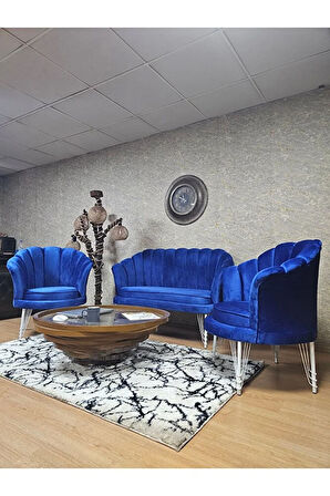 İstiridye Takım Beyaz Boyalı Telli Ayak Çay Seti Koltuk Takımı Mavi Renk 110 x 48 Boyut/Ebat