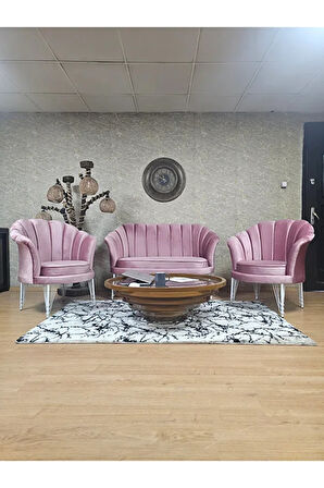 İstiridye Takım Beyaz Boyalı Telli Ayak Çay Seti Koltuk Takımı Pembe Renk 110 x 48 Boyut/Ebat