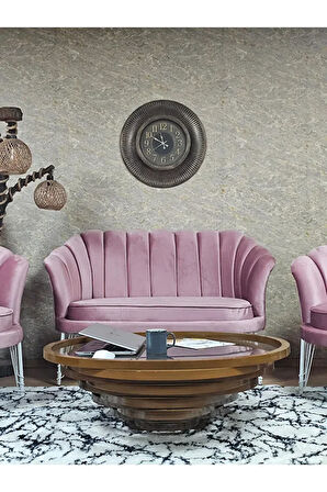 İstiridye Takım Beyaz Boyalı Telli Ayak Çay Seti Koltuk Takımı Pembe Renk 110 x 48 Boyut/Ebat