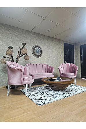İstiridye Takım Beyaz Boyalı Telli Ayak Çay Seti Koltuk Takımı Pembe Renk 110 x 48 Boyut/Ebat