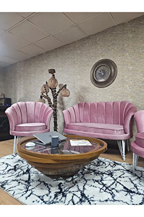İstiridye Takım Beyaz Boyalı Telli Ayak Çay Seti Koltuk Takımı Pembe Renk 110 x 48 Boyut/Ebat
