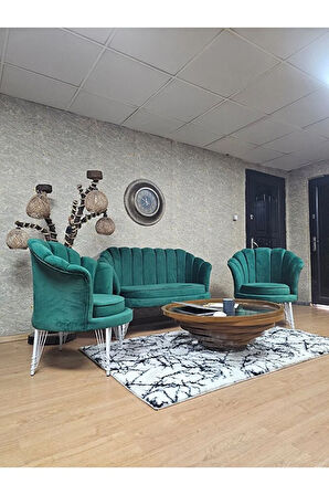 İstiridye Takım Beyaz Boyalı Telli Ayak Çay Seti Koltuk Takımı Yeşil Renk 110 x 48 Boyut/Ebat