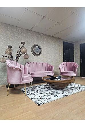 İstiridye Takım Gold Kaplama Sivriltme Ayak Çay Seti Koltuk Takımı Pembe Renk 110 x 48 Boyut/Ebat