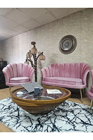 İstiridye Takım Gold Kaplama Sivriltme Ayak Çay Seti Koltuk Takımı Pembe Renk 110 x 48 Boyut/Ebat