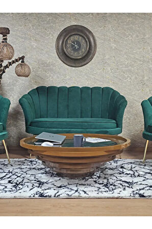 İstiridye Takım Gold Kaplama Sivriltme Ayak Çay Seti Koltuk Takımı Yeşil Renk 110 x 48 Boyut/Ebat