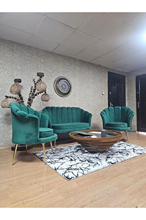 İstiridye Takım Gold Kaplama Sivriltme Ayak Çay Seti Koltuk Takımı Yeşil Renk 110 x 48 Boyut/Ebat