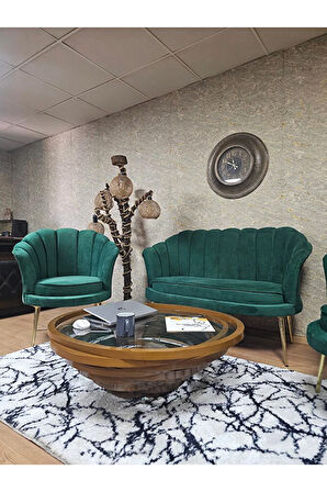 İstiridye Takım Gold Kaplama Sivriltme Ayak Çay Seti Koltuk Takımı Yeşil Renk 110 x 48 Boyut/Ebat