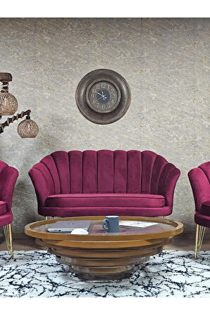 İstiridye Takım Gold Kaplama Telli Ayak Çay Seti Koltuk Takımı Bordo Renk 110 x 48 Boyut/Ebat