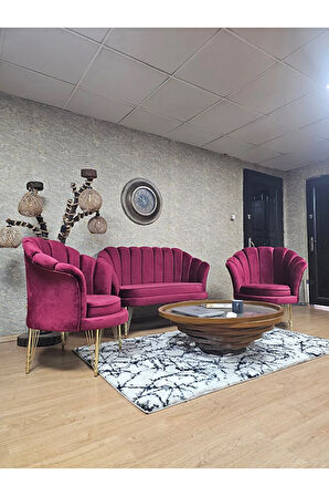 İstiridye Takım Gold Kaplama Telli Ayak Çay Seti Koltuk Takımı Bordo Renk 110 x 48 Boyut/Ebat
