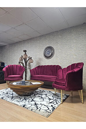 İstiridye Takım Gold Kaplama Telli Ayak Çay Seti Koltuk Takımı Bordo Renk 110 x 48 Boyut/Ebat