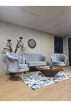 İstiridye Takım Gold Kaplama Telli Ayak Çay Seti Koltuk Takımı Gri Renk 110 x 48 Boyut/Ebat