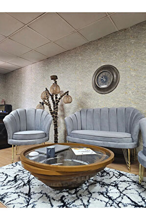 İstiridye Takım Gold Kaplama Telli Ayak Çay Seti Koltuk Takımı Gri Renk 110 x 48 Boyut/Ebat