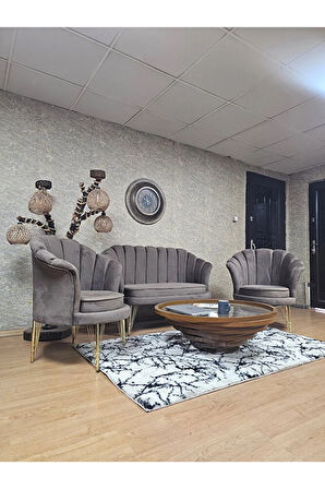 İstiridye Takım Gold Kaplama Telli Ayak Çay Seti Koltuk Takımı Kahverengi Renk 110 x 48 Boyut/Ebat