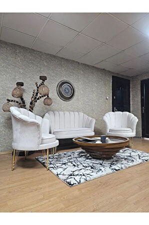 İstiridye Takım Gold Kaplama Telli Ayak Çay Seti Koltuk Takımı Krem Renk 110 x 48 Boyut/Ebat