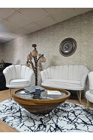 İstiridye Takım Gold Kaplama Telli Ayak Çay Seti Koltuk Takımı Krem Renk 110 x 48 Boyut/Ebat