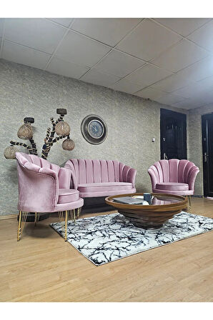 İstiridye Takım Gold Kaplama Telli Ayak Çay Seti Koltuk Takımı Pembe Renk 110 x 48 Boyut/Ebat