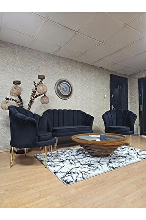 İstiridye Takım Gold Kaplama Telli Ayak Çay Seti Koltuk Takımı Siyah Renk 110 x 48 Boyut/Ebat