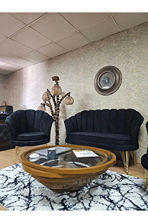 İstiridye Takım Gold Kaplama Telli Ayak Çay Seti Koltuk Takımı Siyah Renk 110 x 48 Boyut/Ebat