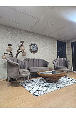 İstiridye Takım Krom Kaplama Telli Ayak Çay Seti Koltuk Takımı Kahverengi Renk 110 x 48 Boyut/Ebat