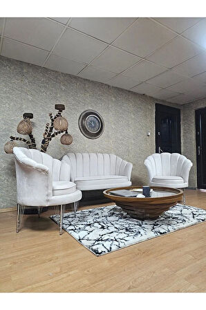 İstiridye Takım Krom Kaplama Telli Ayak Çay Seti Koltuk Takımı Krem Renk 110 x 48 Boyut/Ebat