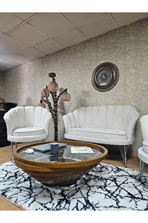 İstiridye Takım Krom Kaplama Telli Ayak Çay Seti Koltuk Takımı Krem Renk 110 x 48 Boyut/Ebat