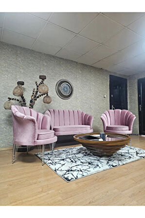 İstiridye Takım Krom Kaplama Telli Ayak Çay Seti Koltuk Takımı Pembe Renk 110 x 48 Boyut/Ebat