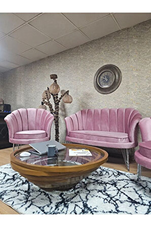 İstiridye Takım Krom Kaplama Telli Ayak Çay Seti Koltuk Takımı Pembe Renk 110 x 48 Boyut/Ebat