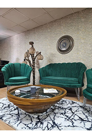 İstiridye Takım Krom Kaplama Telli Ayak Çay Seti Koltuk Takımı Yeşil Renk 110 x 48 Boyut/Ebat