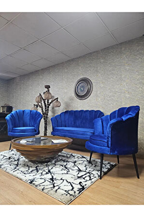 İstiridye Takım Siyah Boyalı Sivriltme Ayak Çay Seti Koltuk Takımı Mavi Renk 110 x 48 Boyut/Ebat