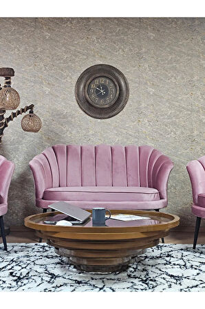 İstiridye Takım Siyah Boyalı Sivriltme Ayak Çay Seti Koltuk Takımı Pembe Renk 110 x 48 Boyut/Ebat