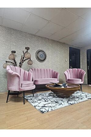 İstiridye Takım Siyah Boyalı Sivriltme Ayak Çay Seti Koltuk Takımı Pembe Renk 110 x 48 Boyut/Ebat