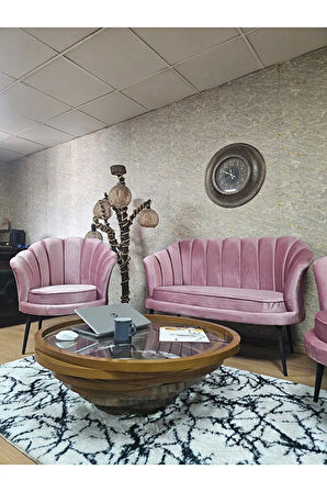 İstiridye Takım Siyah Boyalı Sivriltme Ayak Çay Seti Koltuk Takımı Pembe Renk 110 x 48 Boyut/Ebat