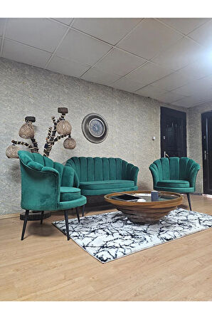 İstiridye Takım Siyah Boyalı Sivriltme Ayak Çay Seti Koltuk Takımı Yeşil Renk 110 x 48 Boyut/Ebat