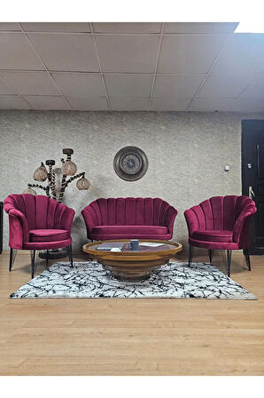 İstiridye Takım Siyah Boyalı Telli Ayak Çay Seti Koltuk Takımı Bordo Renk 110 x 48 Boyut/Ebat