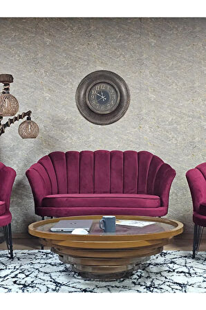 İstiridye Takım Siyah Boyalı Telli Ayak Çay Seti Koltuk Takımı Bordo Renk 110 x 48 Boyut/Ebat