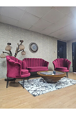 İstiridye Takım Siyah Boyalı Telli Ayak Çay Seti Koltuk Takımı Bordo Renk 110 x 48 Boyut/Ebat